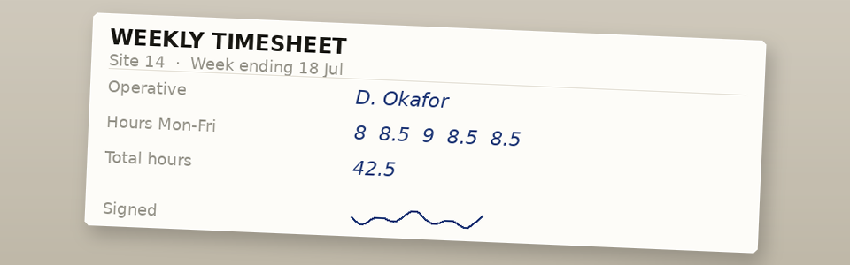 Photo of a paper weekly timesheet